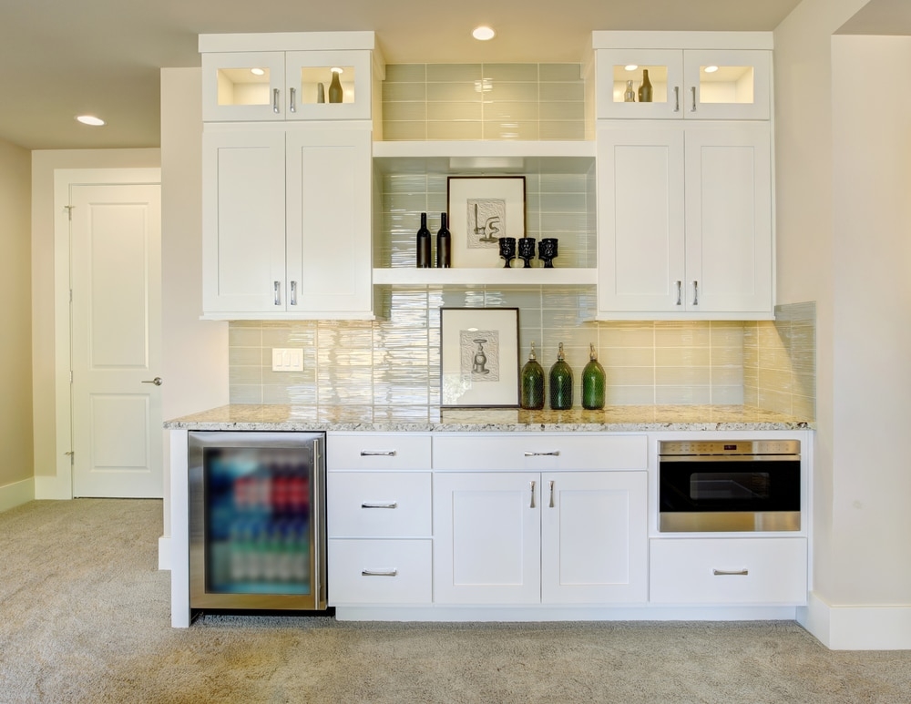 Wet Bar Cabinets using Lit Glass Uppers and Seafoam Green