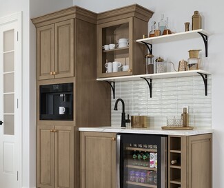 Wet Bar Cabinets with Built In Coffee Maker and Picket Tile