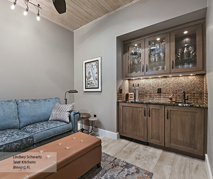Wet Bar Cabinets with Driftwood Finish and Mosaic Backsplash