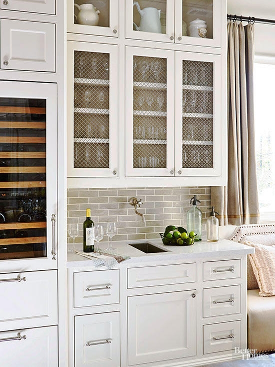 Wet Bar featuring Wire Mesh Door Inserts and Wall Mount Faucet