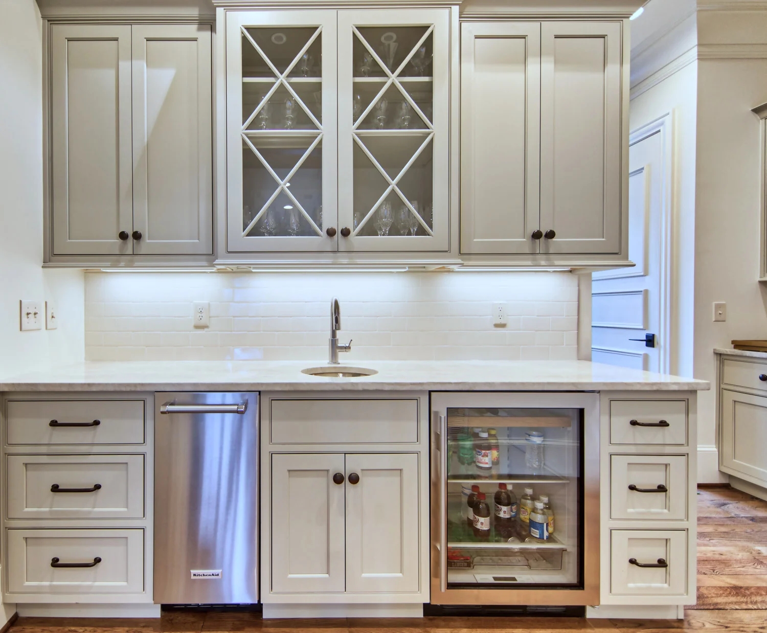 Wet Bar featuring X Mullion Glass and Greige Cabinetry