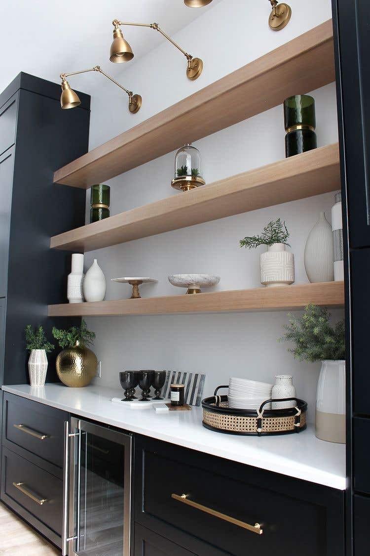 Wet Bar Unit with Matte Black Finish and Gold Swing Arm Light