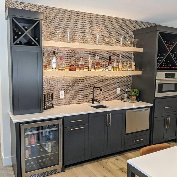 Wet Bar with Penny Tile Backsplash and Charcoal Gray Cabinetry