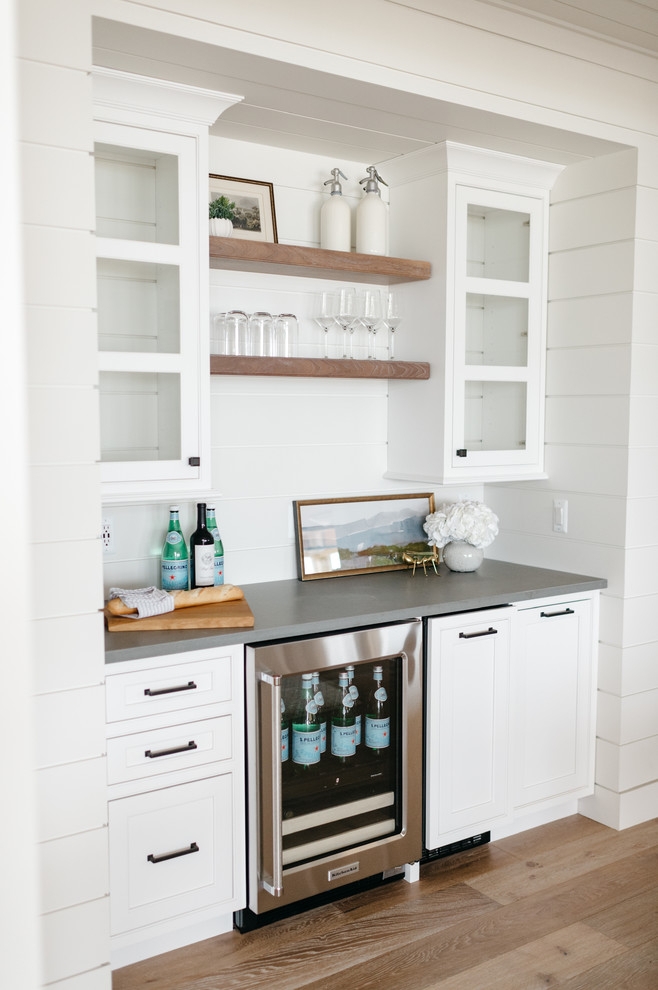 Wet Bar with Shiplap Backdrop and Floating Wood Shelves
