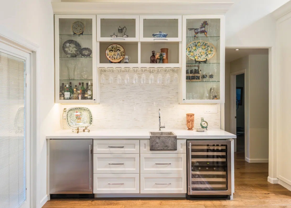 Wet Bar with Stone Trough Sink and Integrated Wine Fridge