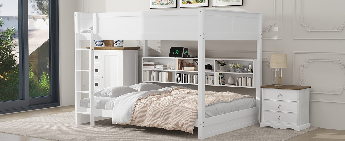 White Bunk Bed, Integrated Shelving, Built-in Charging Station