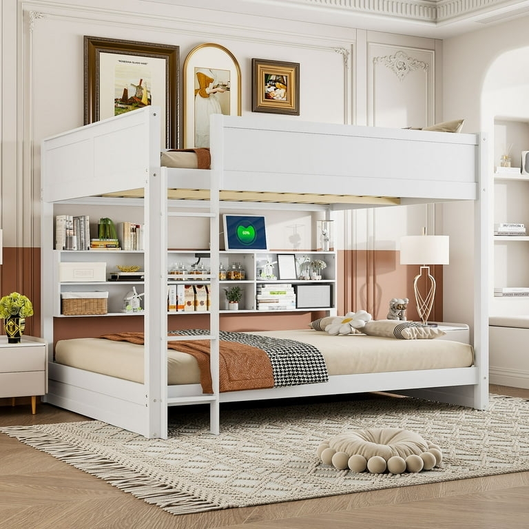 White Bunk Bed with Integrated Bookcase and USB Charging Station