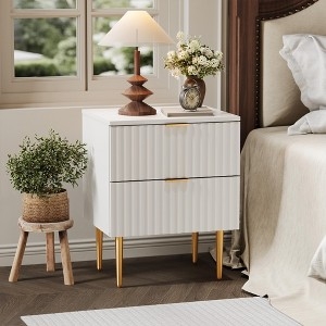 White Nightstand with Gold Tapered Legs and Storage