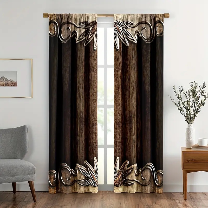 Window Curtains Barn Door Graphic Faux Wood Panels