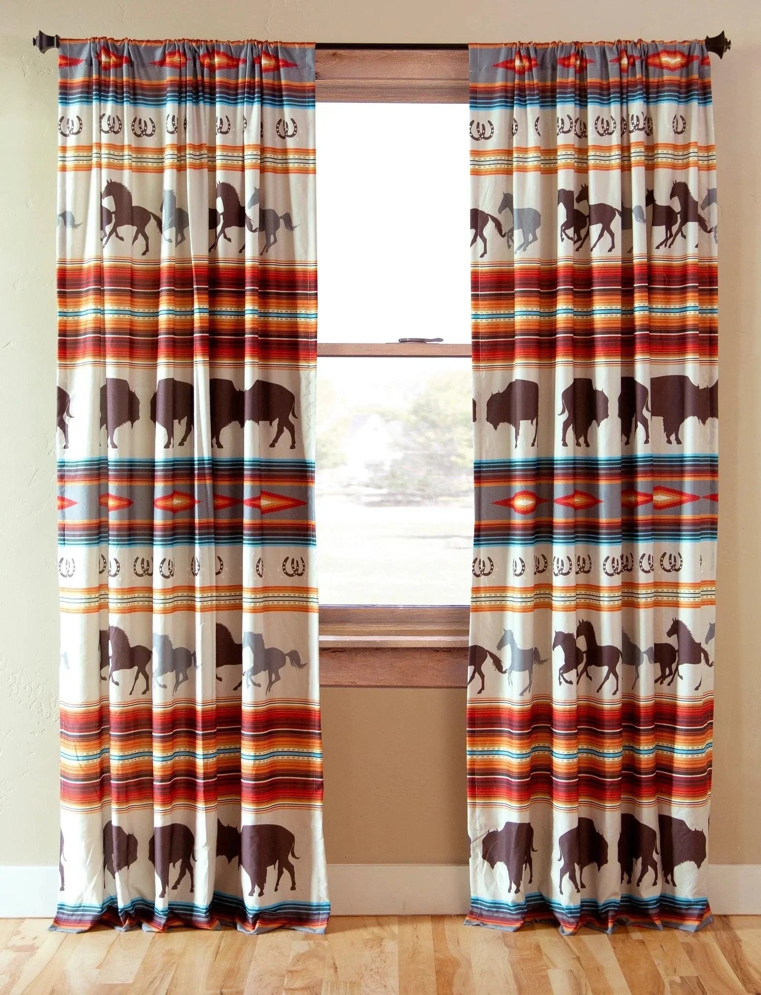 Window Curtains Bison Horse Banded Striped Panels