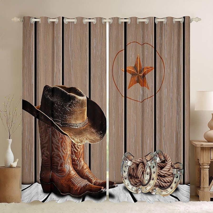 Window Curtains Cowboy Boot Graphic Wood Plank Drapes