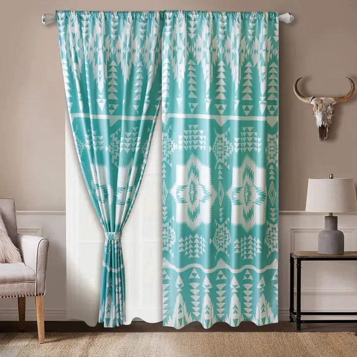 Window Curtains Turquoise Geometric Tied Back Panels