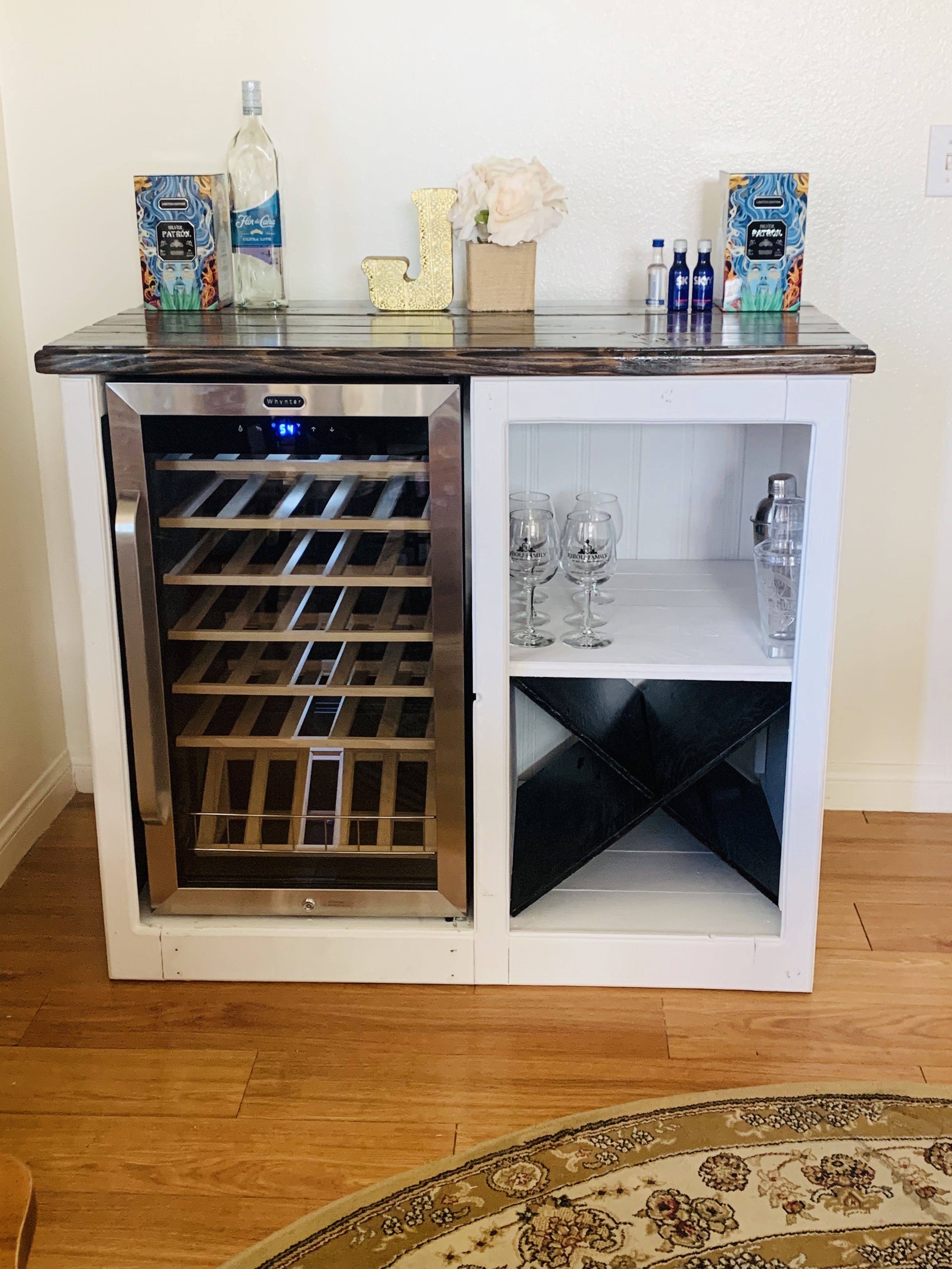Wine Bar Cabinet featuring X Cross Wine Rack and Beadboard