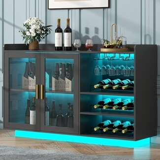 Wine Bar Cabinet with Floating Base and Cyan LED Lighting