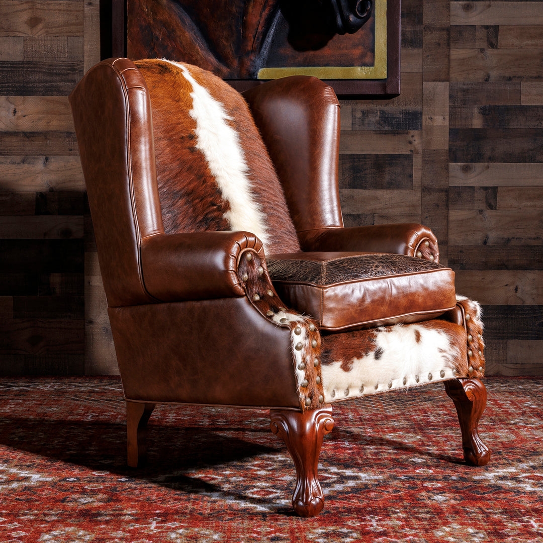 Wingback Chair Embossed Croc Cushion and Cowhide Panels