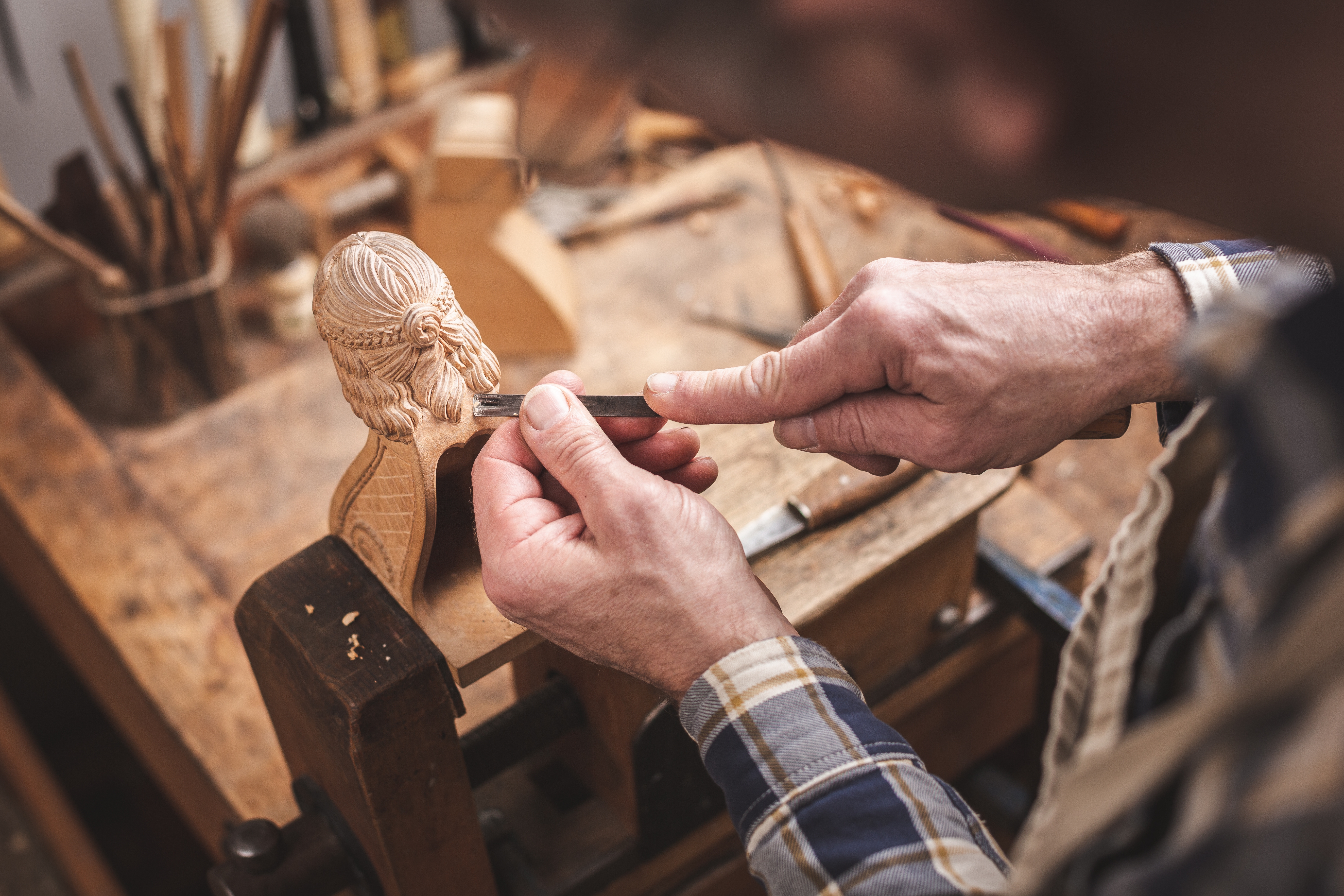 Wood Carving Figurine with Intricate Braided Hair Detail