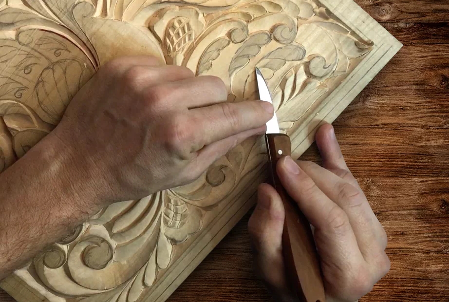 Wood Carving Panel with Pencil Sketch and Crosshatch Details