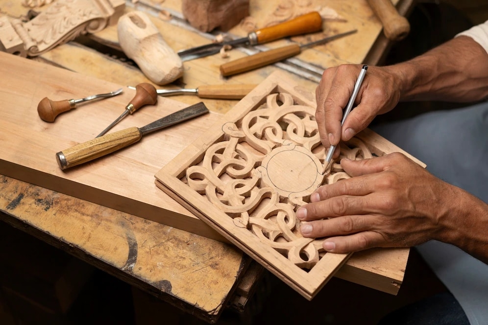 Wood Carving with Intricate Lattice and Interlocking Pattern