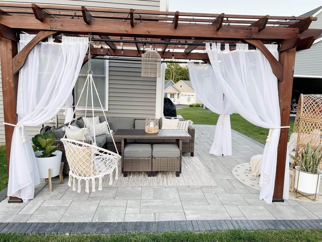 Wood Pergola: Macrame Hanging Chair and Sheer Drapes