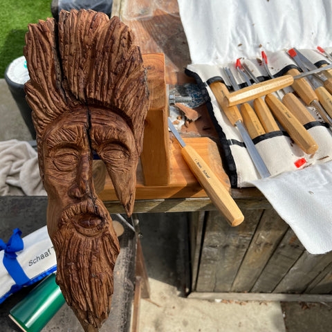 Wood Sculpture of a Wood Spirit Face with Textured Beard