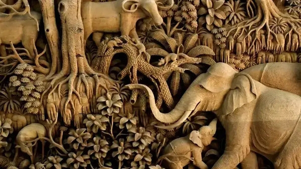 Wood Wall Art Wildlife Mural with High-Relief Elephant Motif