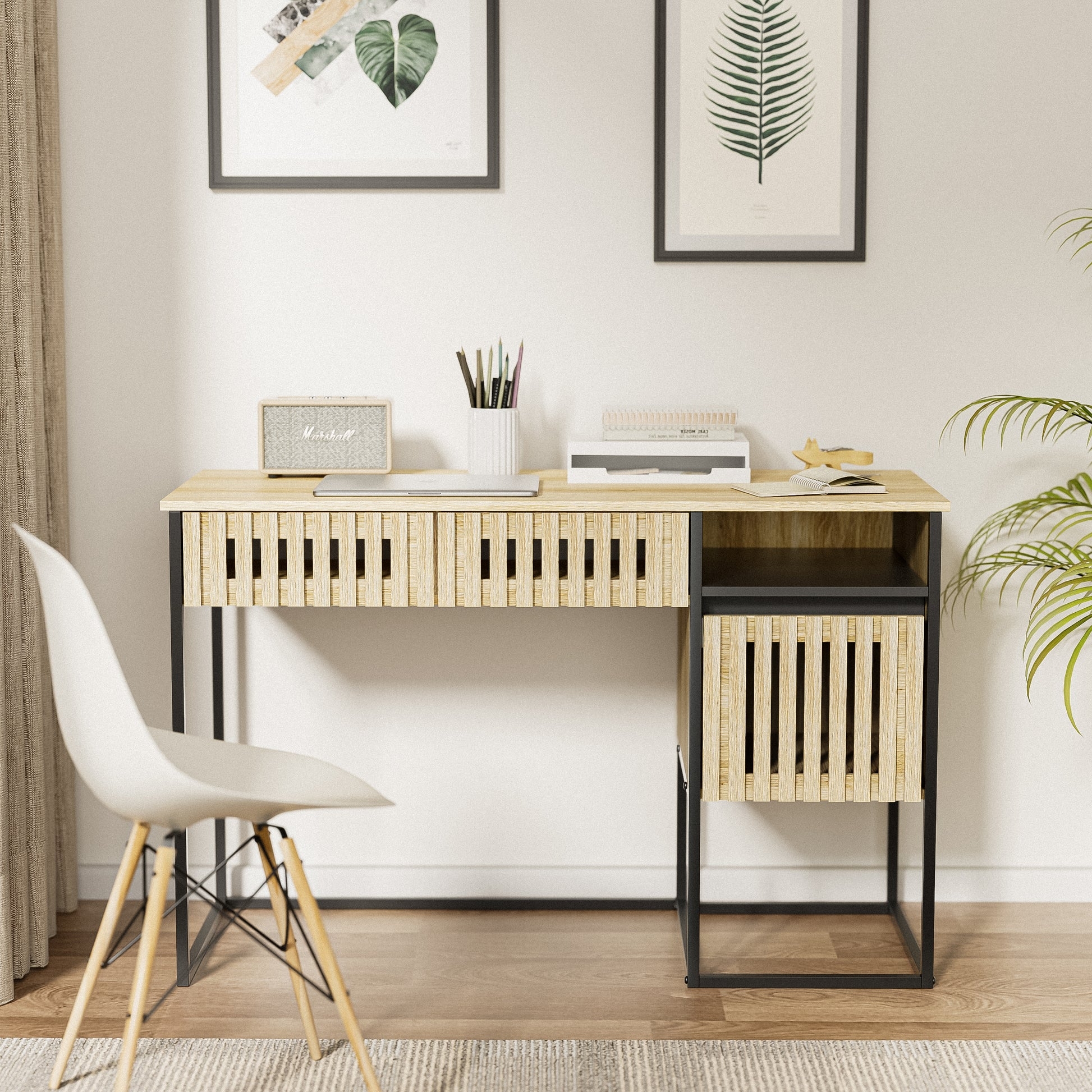 Writing Desk: Slatted Drawer Fronts Oak Tone Computer Desk