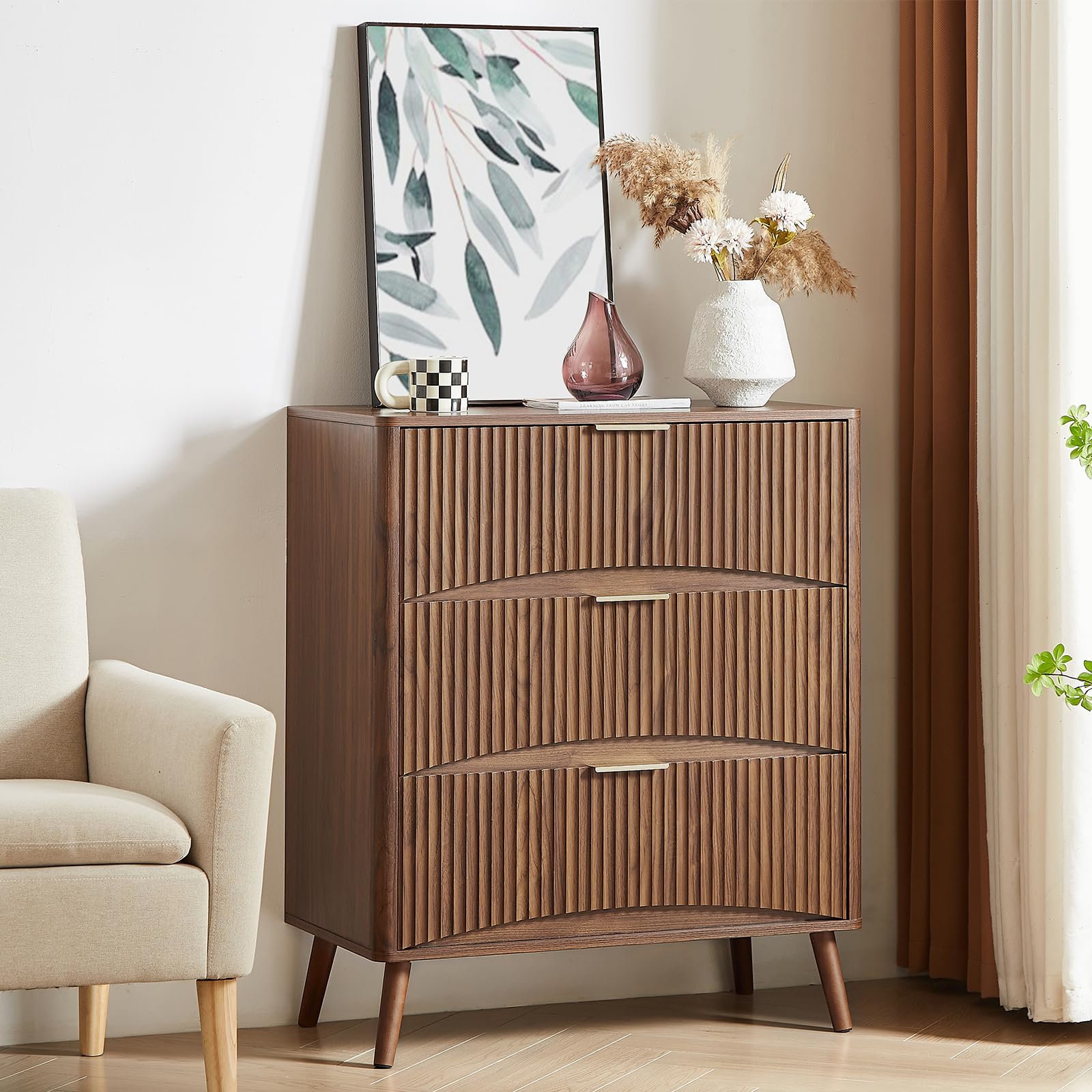 3-Drawer Dresser Walnut Waveform Texture Fluted Dresser