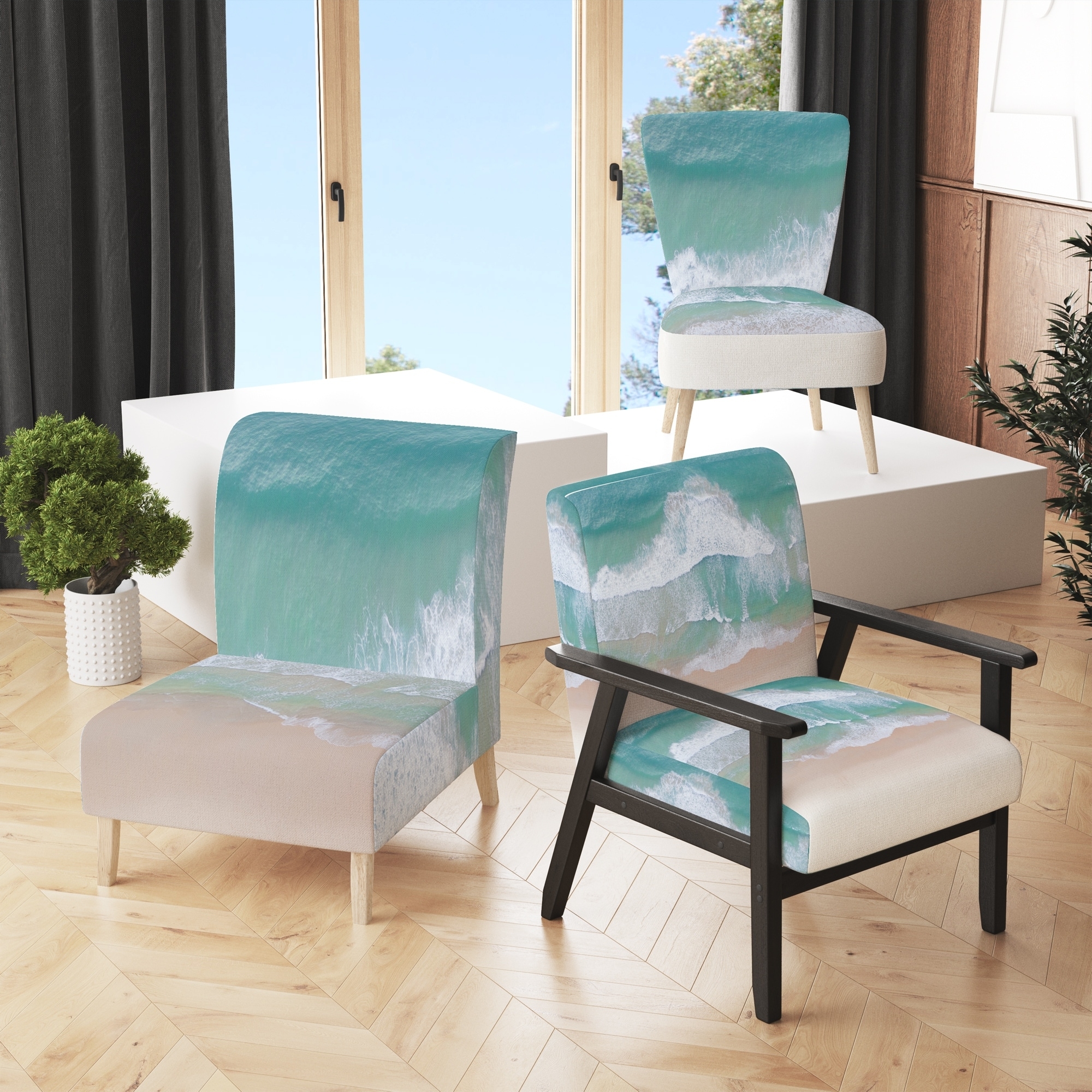 Accent Chair Aerial Beach Print Turquoise Ocean Wave Armchair