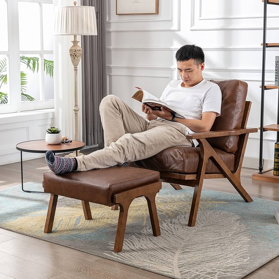 Accent Chair Angled Wood Frame Brown Leather Like Upholstery
