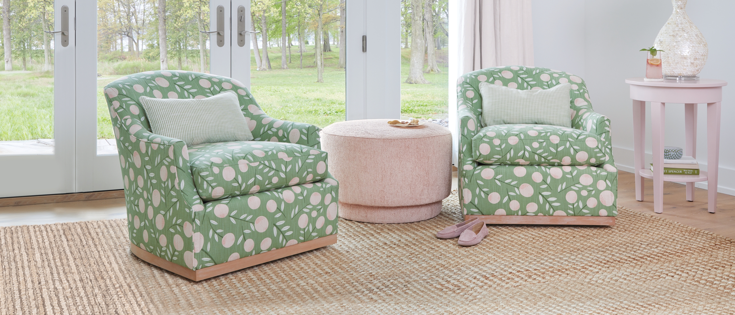 Accent Chair Botanical Print Blush Pink Accents Green Floral Armchair