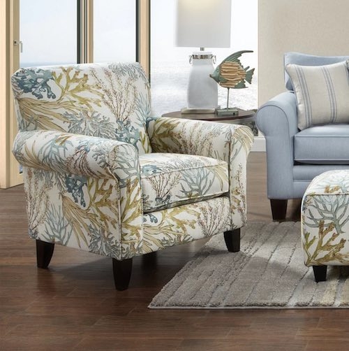 Accent Chair Coral Print Rolled Arms Marine Botanical Upholstery