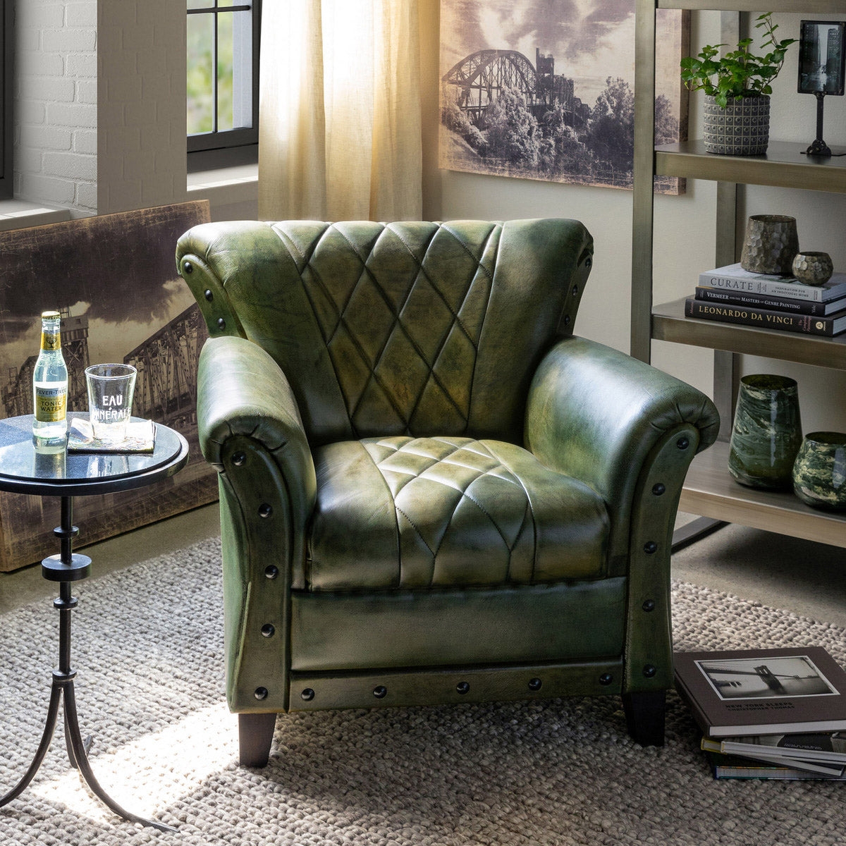 Accent Chair Diamond Quilting Forest Leather Seating