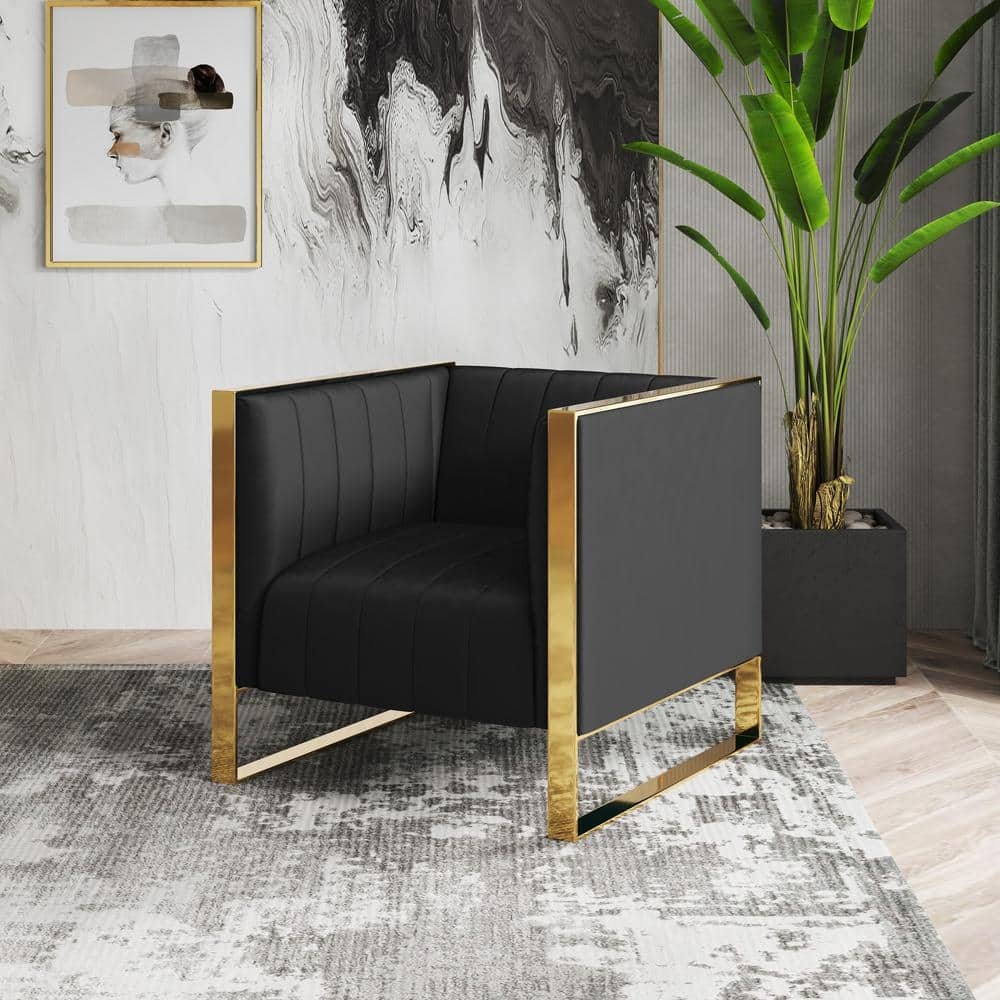 Accent Chair: Gold Sled Base and Black Velvet Lounge