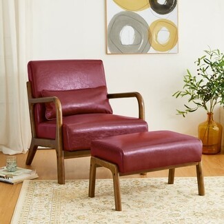 Accent Chair In Burgundy Red Leather with Walnut Wood Frame