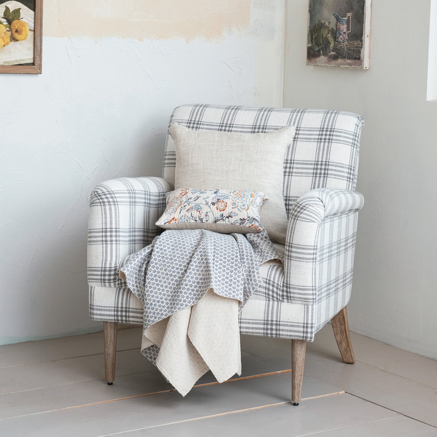 Accent Chair in Grey Windowpane with Layered Textiles