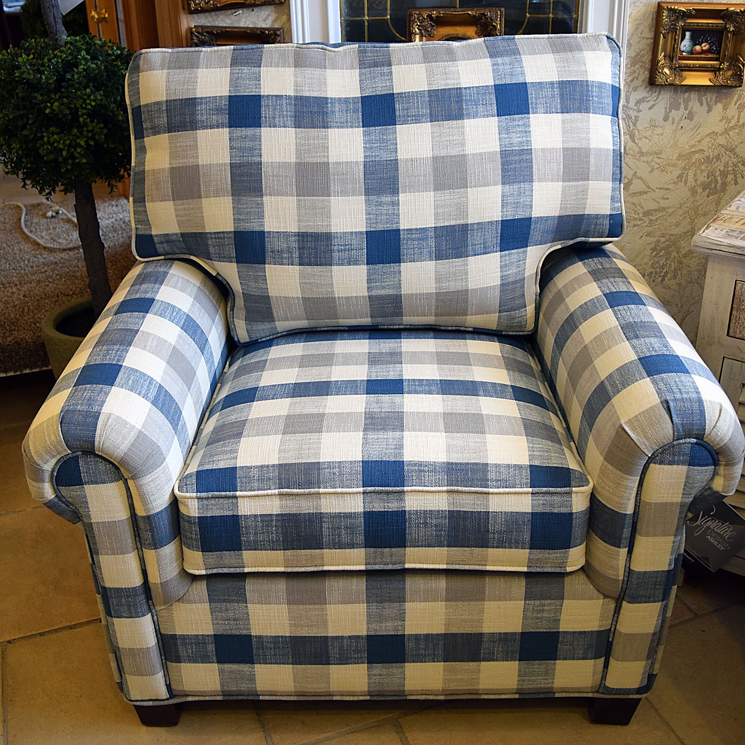 Accent Chair in Navy Buffalo Plaid with Rolled Arms
