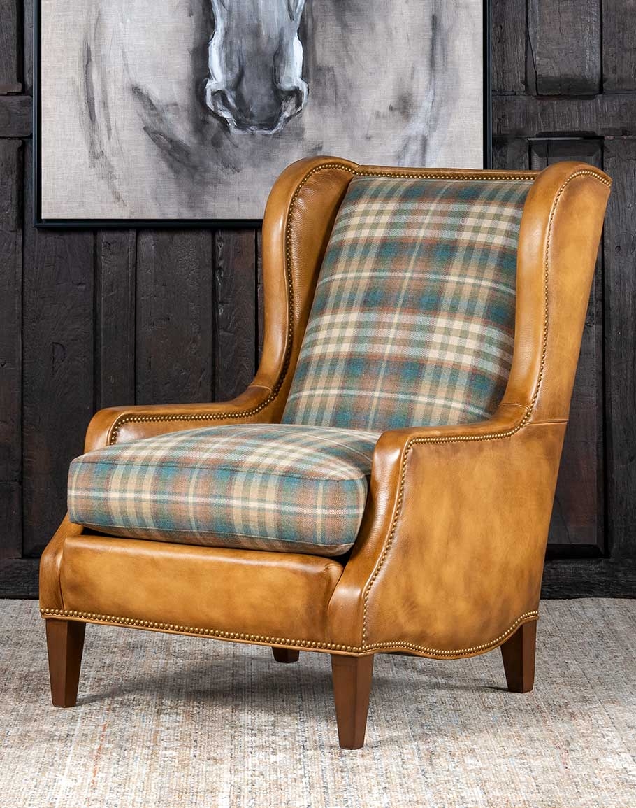 Accent Chair in Spruce Green Leather and Plaid Fabric