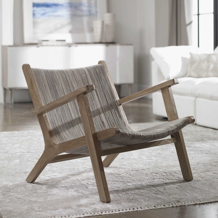Accent Chair Low Slung Wood Frame Coastal Woven Lounge Chair