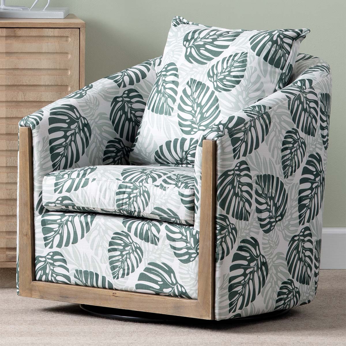 Accent Chair Monstera Leaf Print Swivel Wood Trim Frame Seating