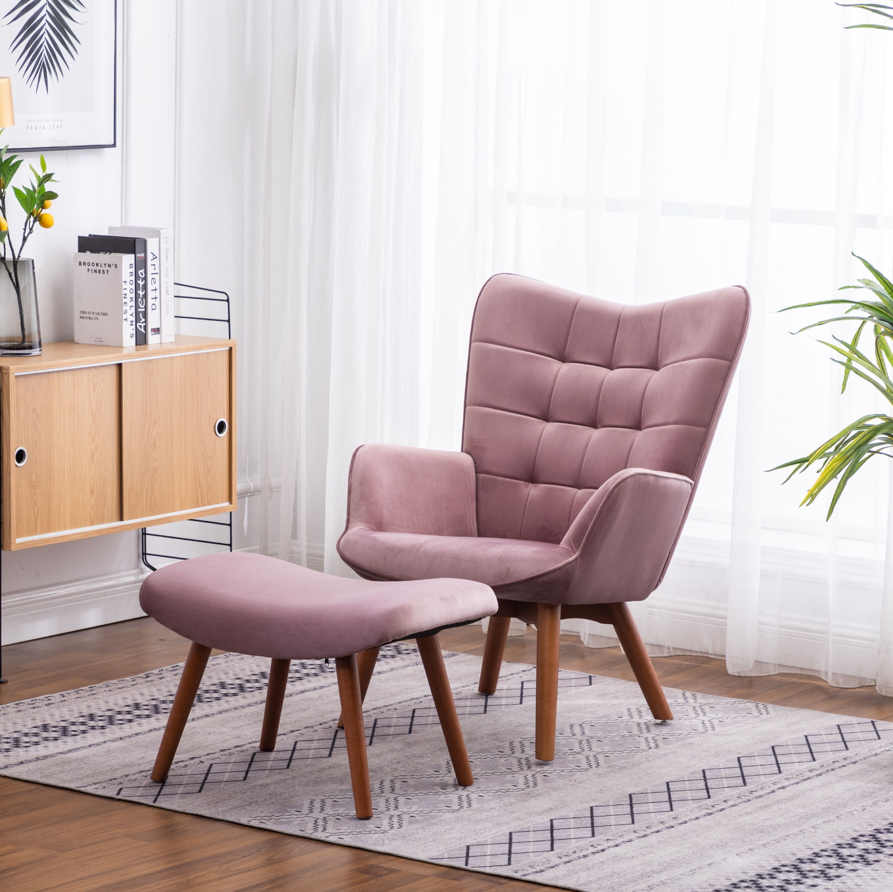 Accent Chair Ottoman Set Mauve Grid Tufted Velvet