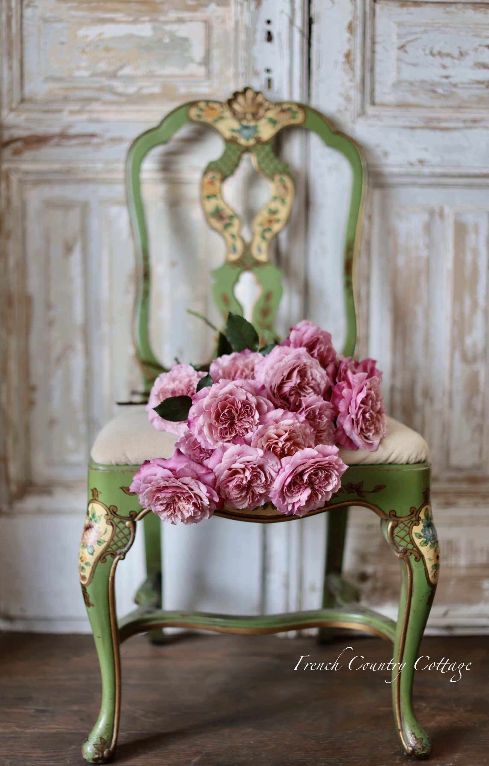Accent Chair: Sage Green Patina Hand Painted Floral Motif