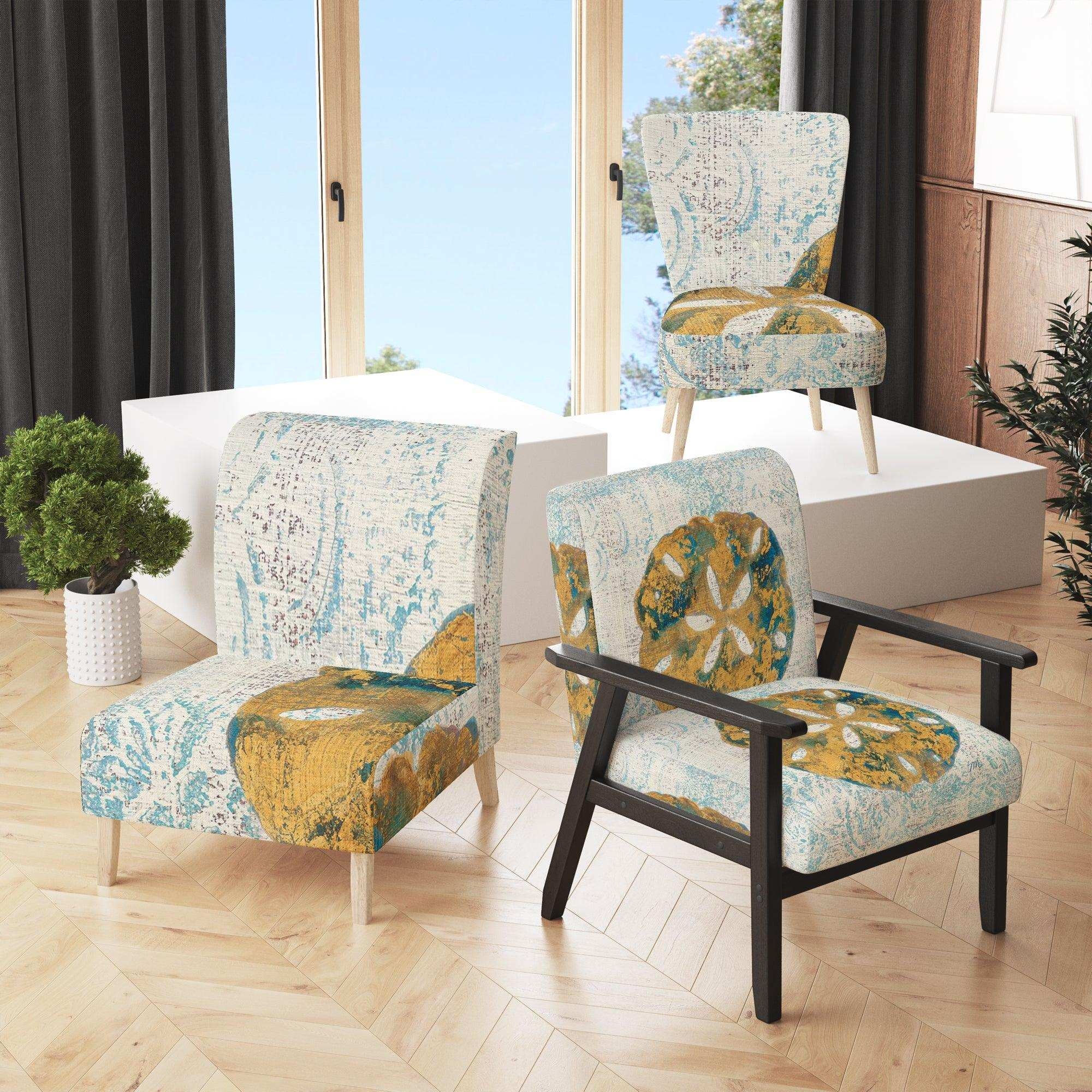 Accent Chair Seashell Motif Weathered Print Vintage Nautical Seating