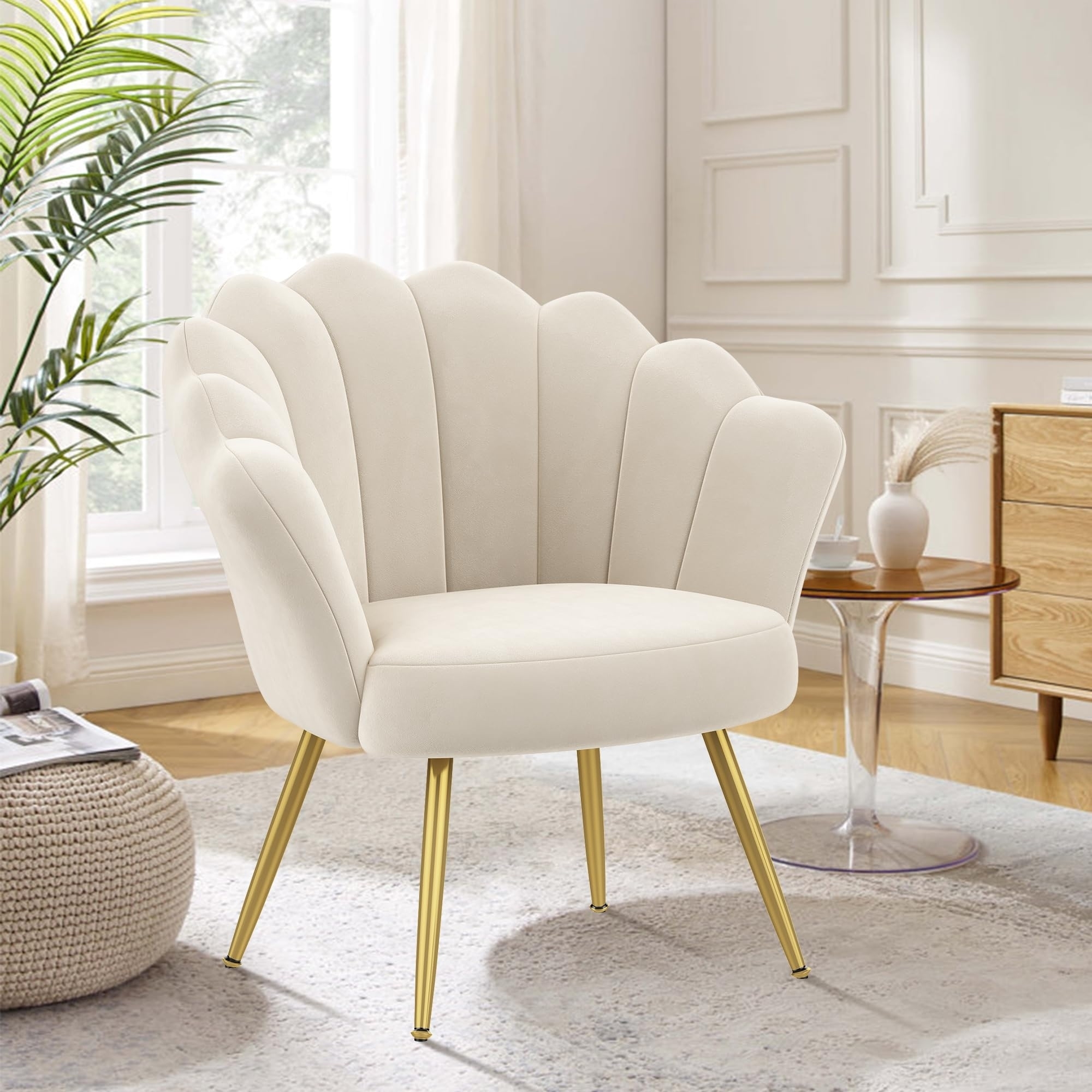 Accent Chair + Shell Shaped Back Ivory Velvet Glam