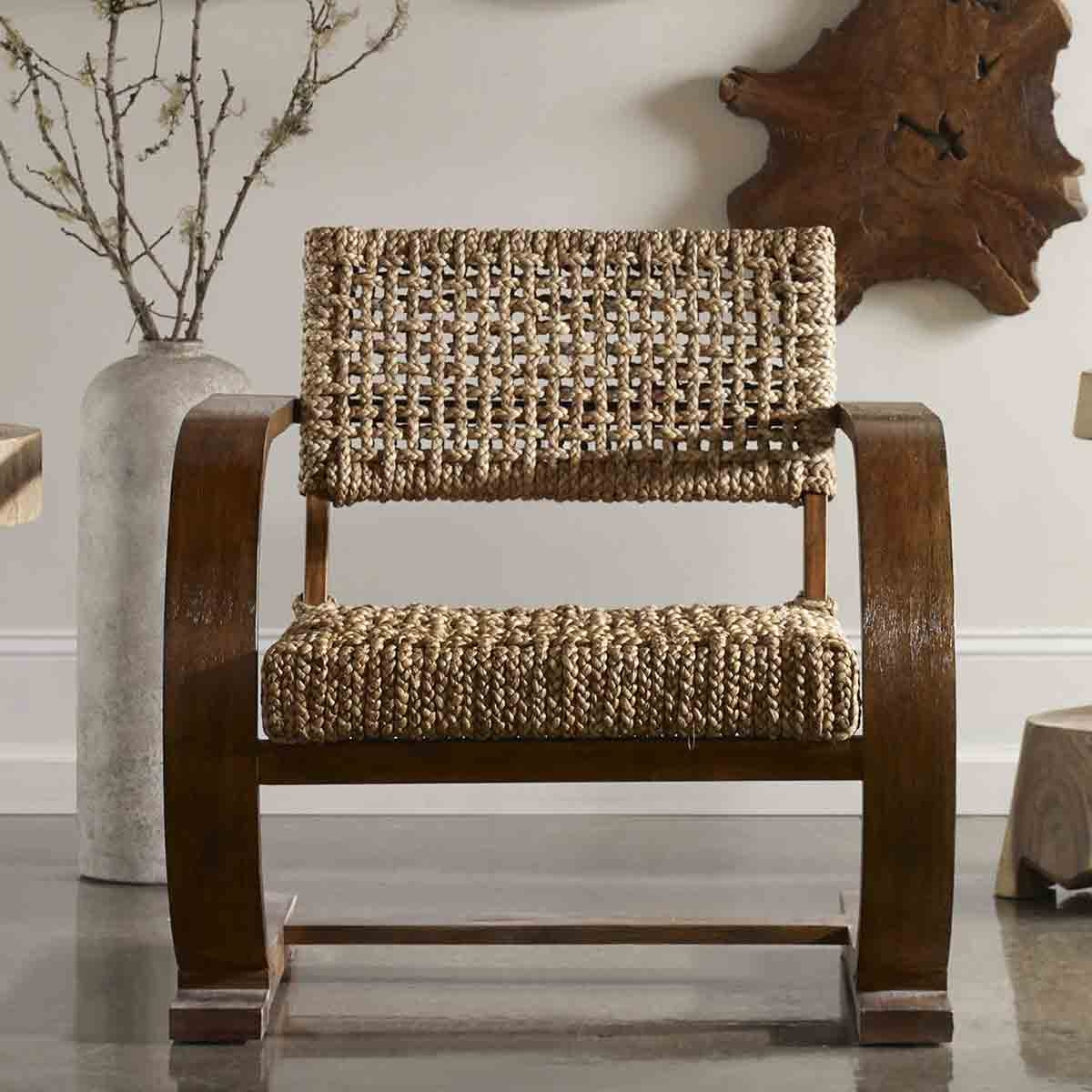 Accent Chair Thick Rope Weave Sculptural Coastal Wood Lounge Chair
