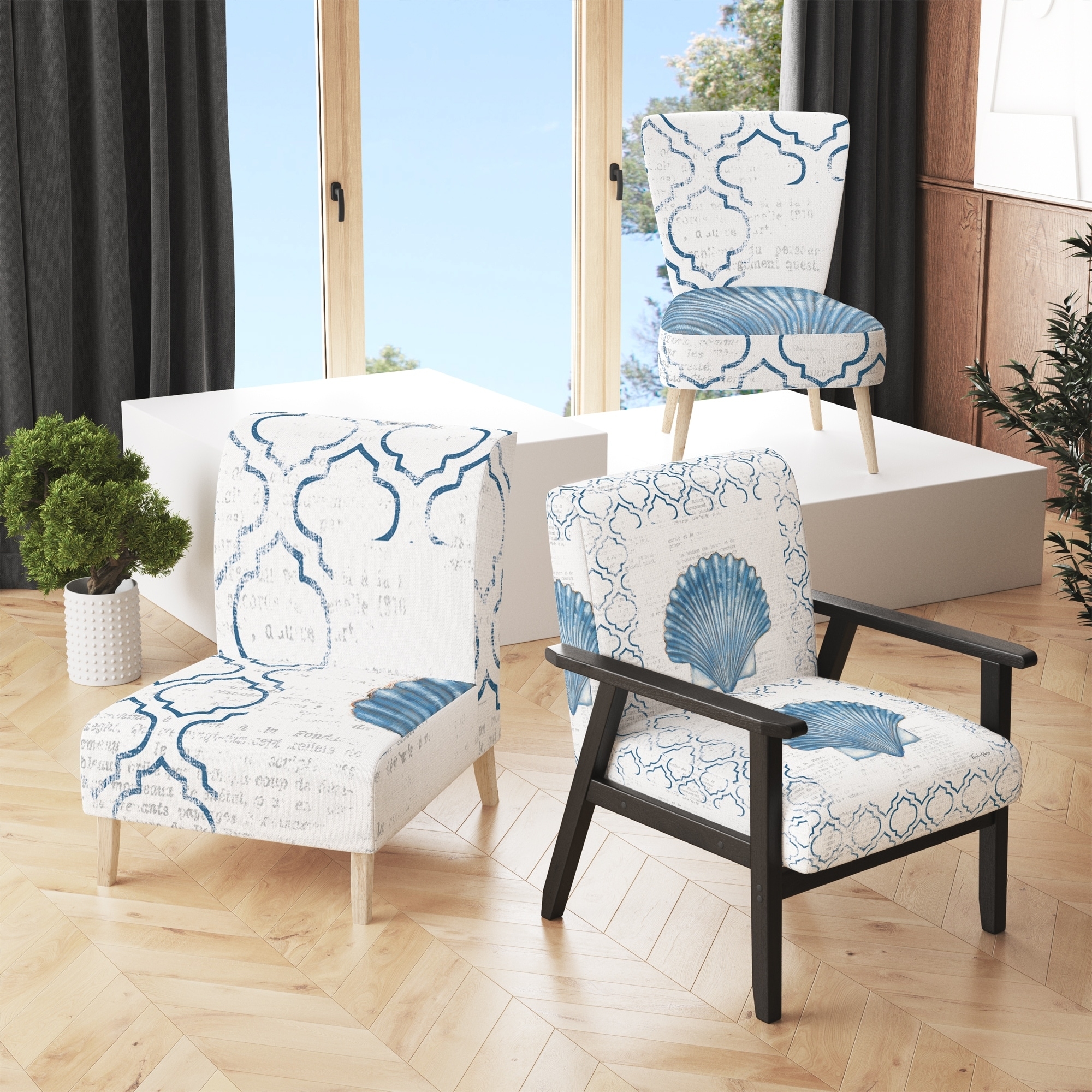 Accent Chair Vintage Script Overlay Pattern Coastal Seating