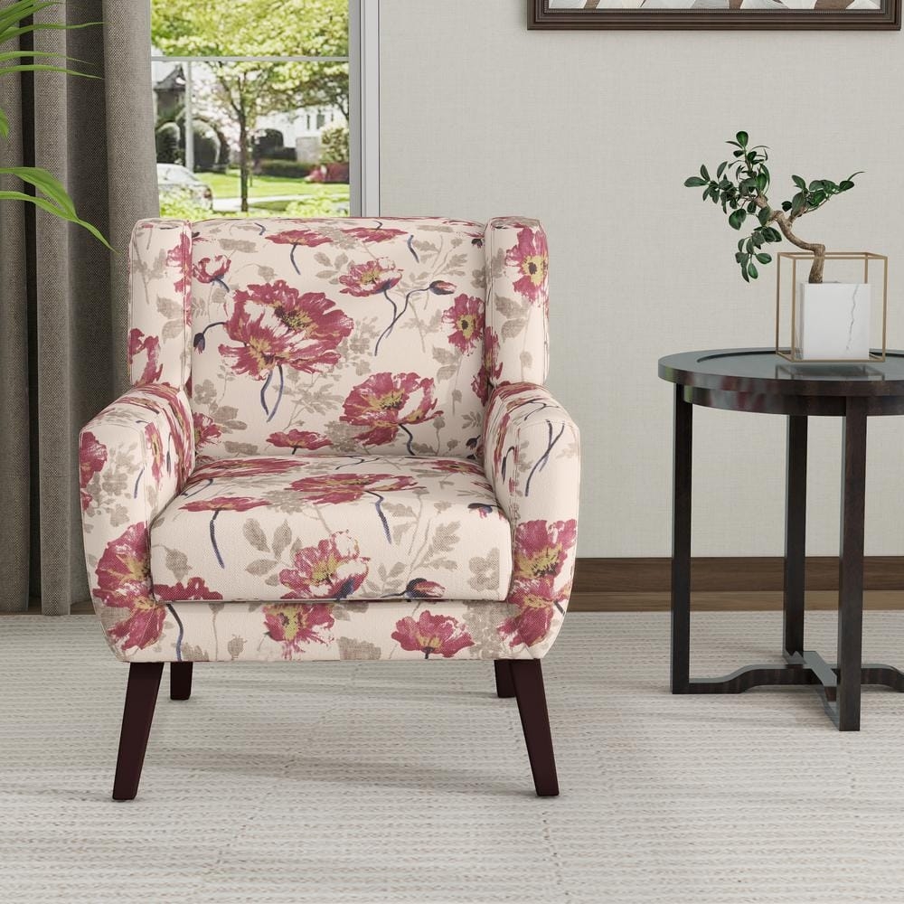 Accent Chair: Walnut Brown Wingback Silhouette Floral Print