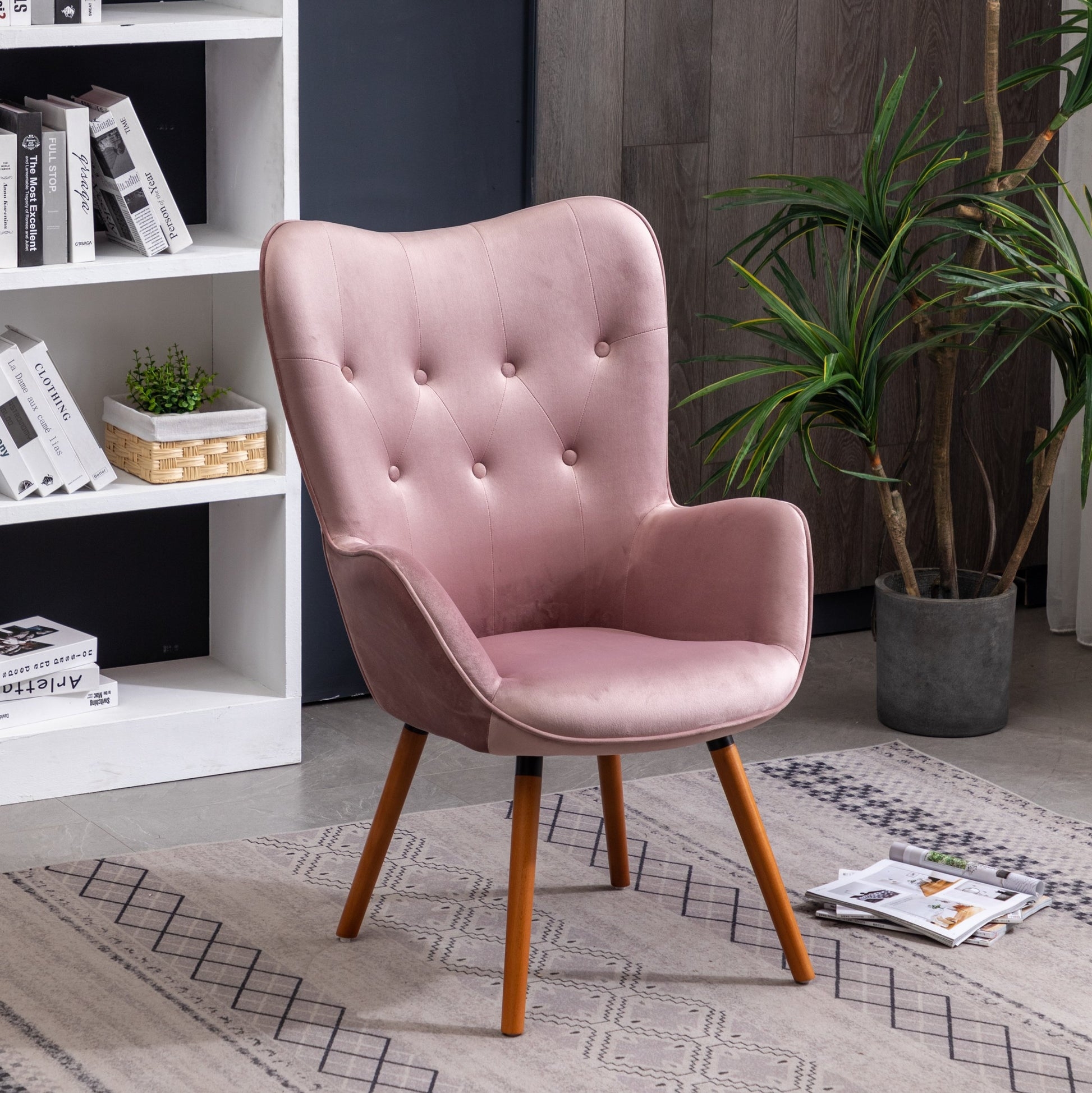 Accent Chair Winged Back Mauve Velvet Walnut Legs