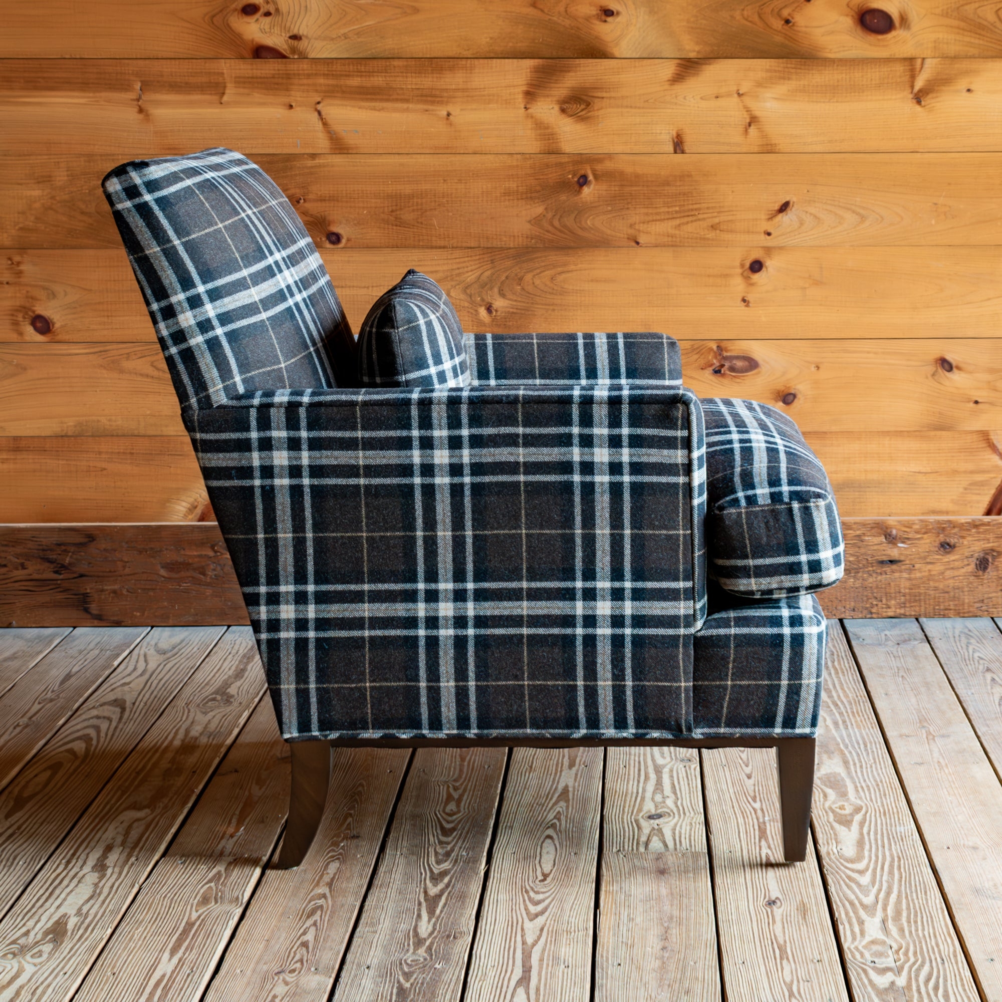 Accent Chair with Kidney Pillow in Navy Derby Plaid