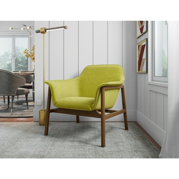Accent Chair With Lime Green Fabric And Flared Walnut Frame