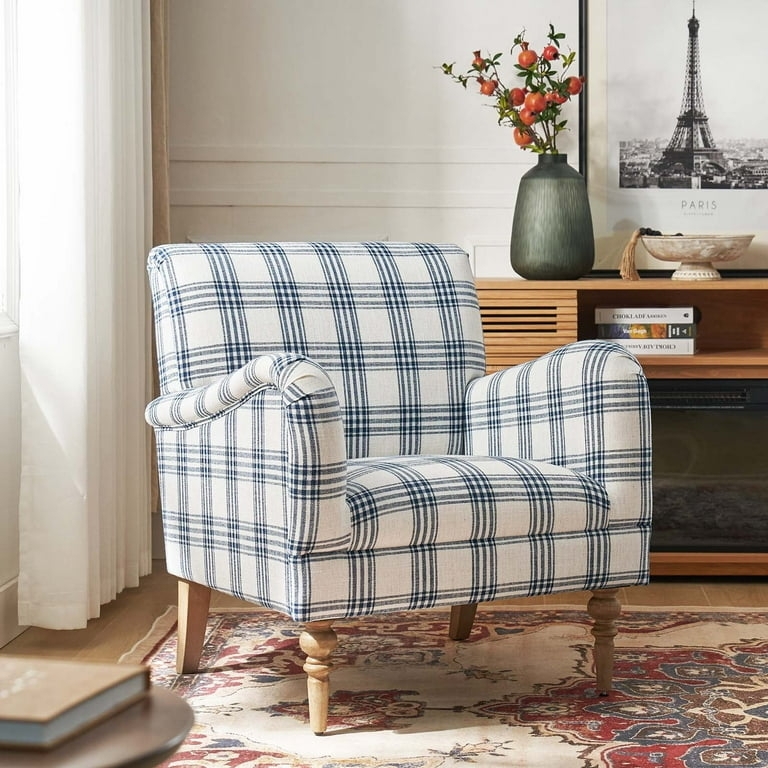 Accent Chair with Navy Windowpane and Rolled Arms